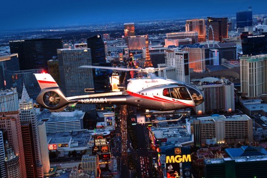 Nighttime helicopter flight over Las Vegas